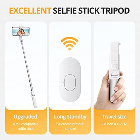 ATUMTEK 40.5" Selfie Stick Tripod, Extendable & Portable Bluetooth Selfie Stick with Remote for iPhone 13/12/12 Pro/11/XS/XR/X/8/7 Plus, Samsung, Huawei, Google, LG, Sony Android Smartphones, White
