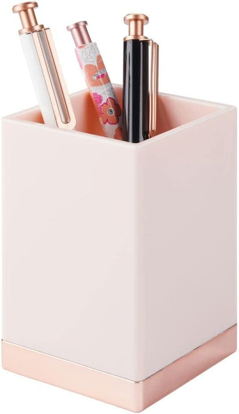 mDesign Square Plastic Bathroom Vanity Countertop Accessory Set - Includes Soap Dispenser Pump, Divided Toothbrush Holder, Tumbler Rinsing Cup, Soap Dish - 4 Pieces - Light Pink/Rose Gold