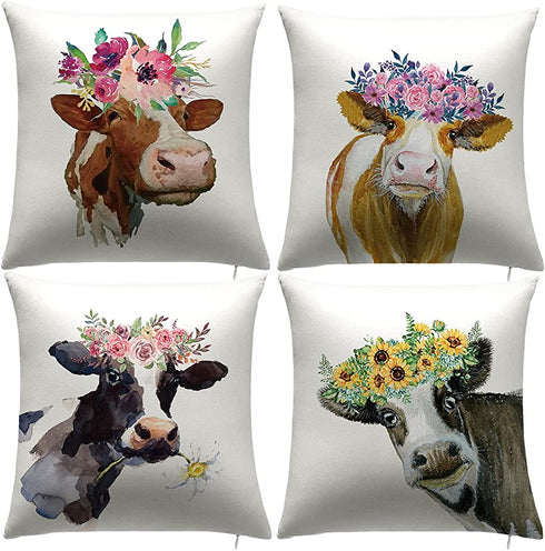Alonar Cow Throw Pillow Covers Set of 4,Decoeative Farmhouse Animal Pillow Covers,Cow Cattle Flower Cushion Covers for Sofa Livng Bedroom 18inchx18inch (Cow1, 18x18 Inch) Alonar91501