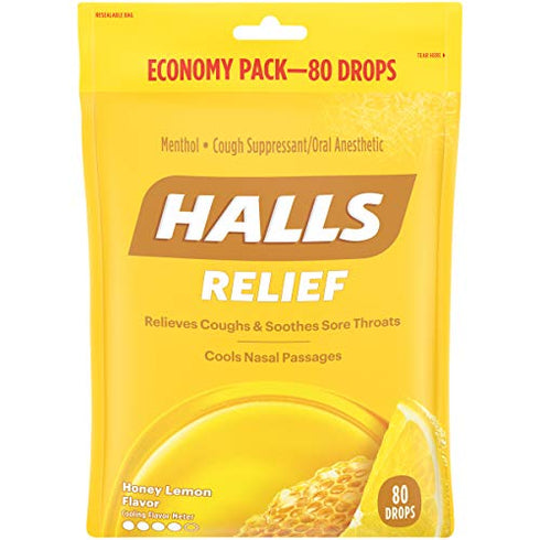 HALLS Relief Honey Lemon Cough Drops, Economy Pack, 80 Drops