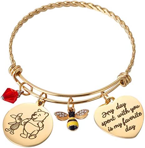 Classic Pooh Bear and Piglet Quote Any Day Spent with You is My Favorite Day Friendship Honey Bee Charm Gold Bangle Bracelet for Women