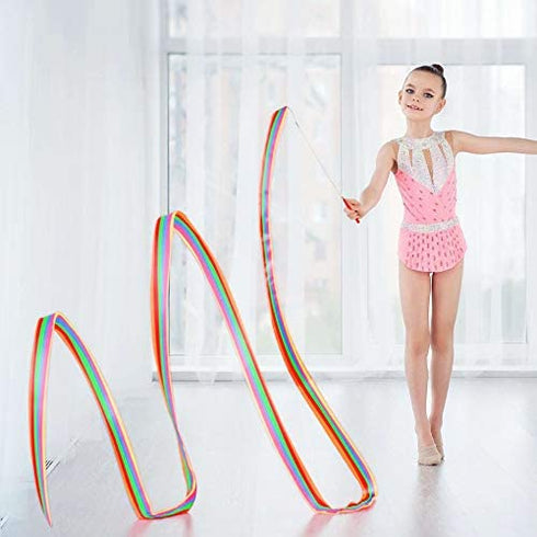 ANCIRS 2 Pack 2-Meter Dance Ribbons, Rainbow Streamers Rhythmic Gymnastics Ribbon, Baton Twirling Wands on Sticks for Kids Artistic Dancing