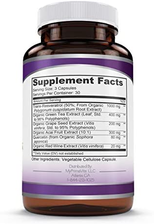 PrimaVita Resveratrol Nutritional Supplement 2000mg, Grape Seed Extract Capsule with Quercetin, Antioxidant Supplement Support Immunity, 90 Capsules