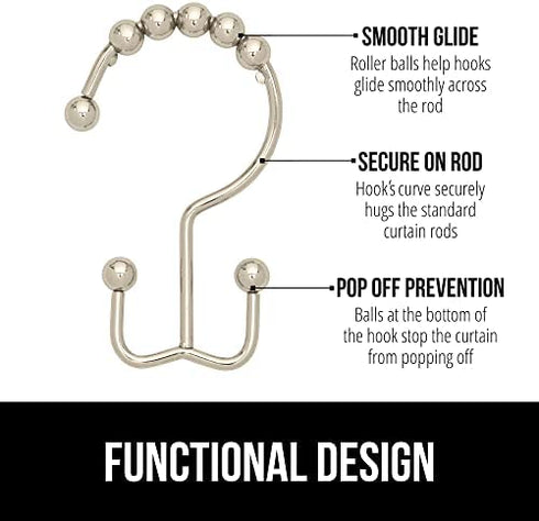 Gorilla Grip Shower Curtain Hooks, Stainless Steel Rust Resistant Easy Install Rings Set of 12, Decorative Liner Ring for Bathroom Hanging Rods, Friction Free Metal Hook, Bath Room Accessory, Nickel