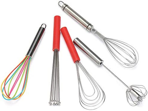 Flat Whisk Silicone Handle Non Slip 10" - 5 Wires Whisk with 10 Heads for Kitchen Cooking Color Red by Jell-Cell