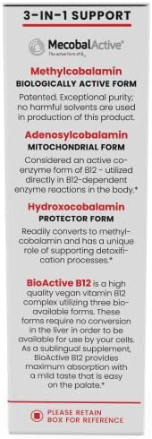 BioActive Vegan Vitamin B12 Sublingual Liquid Supplement - B12 Liquid Vitamin Drops with Hydroxocobalamin, Adenosylcobalamin & Methylcobalamin 1,000 mcg per Drop (4 Drops a Day for a 90-Day Supply)