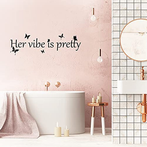 Her Vibe is Pretty Wall Decal Decor Vivid Butterflies Art Wall Sticker Inspirational Quotes Positive Wall Decal Sticker for Women, Teen Girls Office Dorm 31.5 x 9.4 Inch (Black,Simple Style)