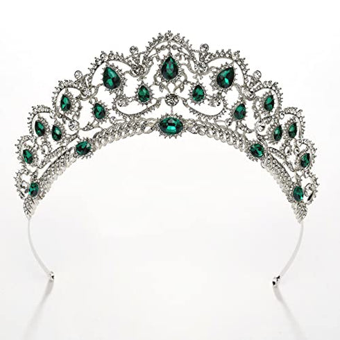 SWEETV Vintage Crystal Wedding Crown for Women, Green Rhinestone Queen Tiara Bridal Hair Accessories, Emerald