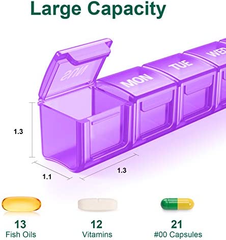 TookMag Extra Large Pill Organizer 7 Day, XL Daily Pill Cases Weekly Pill Box, Oversize Daily Medicine Organizer for Pills / Vitamin / Fish Oil / Supplements (Purple)