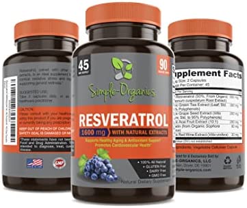 Resveratrol 1600mg per Serving of Organic Trans-Resveratrol & Potent Antioxidants, Pure Extra Strength Complex, Anti-Aging, Radiant Skin, Immunity Support- 90 Capsules- 45 Day Supply