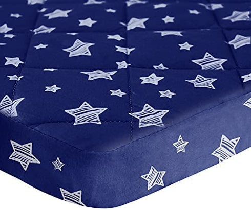 Pack and Play Mattress Pad Cover, Breathable Pack and Play Sheet Quilted, Thick Play Yard Playpen Sheets 39"×27"×5" Fits Graco Play Yards and Foldable Mattress Pad (Navy Star)