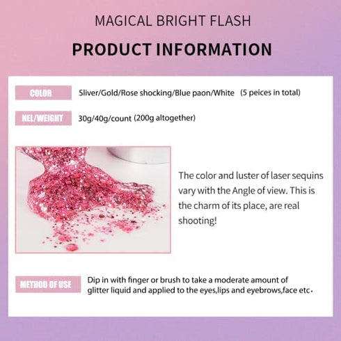 Body Glitter Gel Holographic Glitter Liquid for Festival Make Up 3 Colors Set Long-Lasting Easy to Remove (Pink,Silver,Mermaid)