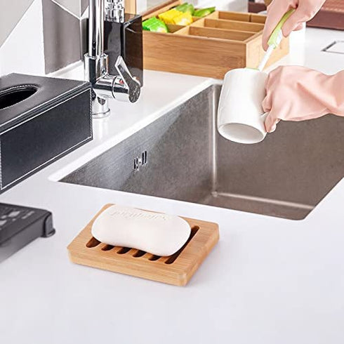 3 Pack Bamboo Wood Soap Dish, Natural Drainage Bar Soap Holder, Soap Tray for Shower Bathroom Kitchen