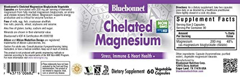Bluebonnet Nutrition Albion Chelated Magnesium Vegetable Capsule, 200 mg, Stress Relief, Vegan, Non GMO, Gluten Free, Soy Free, Milk Free, Kosher, 60 Vegetable Capsule, 1 Month Supply