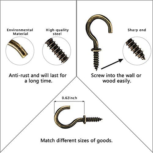 FEED GARDEN Cup Screw Hooks 5/8" Metal Ceiling Hooks 50 Pack Heavy Duty Rubbed Bronze Steel Cup Hooks for Coffee Cup,Tea Cup,Plants,Lights,Hooks for Outdoor/Indoor