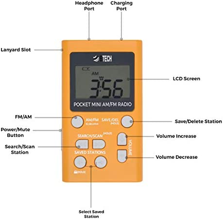 BTECH MPR-AF1 AM FM Personal Radio with Two Types of Stereo Headphones, Clock, Great Reception and Long Battery Life, Mini Pocket Walkman Radio with Headphones (Orange)