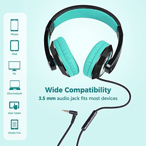 rockpapa Comfort+ Kids Headphones with Microphone and Volume Control, Boys Girls Student Over-Ear Headphones Wired for School Classroom Laptop PC Computer Tablet Black Teal