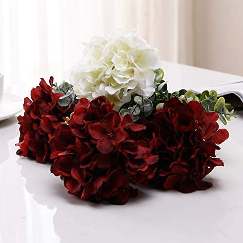 AVIVIHO Hydrangea Silk Flowers Burgundy Heads Pack of 10 Big Hydrangea Flowers Artificial with Stems for Wedding Home Party Shop Baby Shower Decor