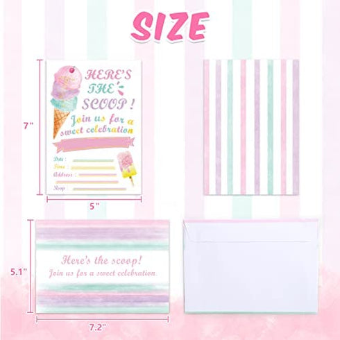 WERNNSAI Glitter Ice Cream Party Invitations with Envelopes - 20 Count Pink Sweet Popsicle Fill in Invite Cards for Girls Birthday Baby Shower Wedding Summer Pool Beach Party Supplies