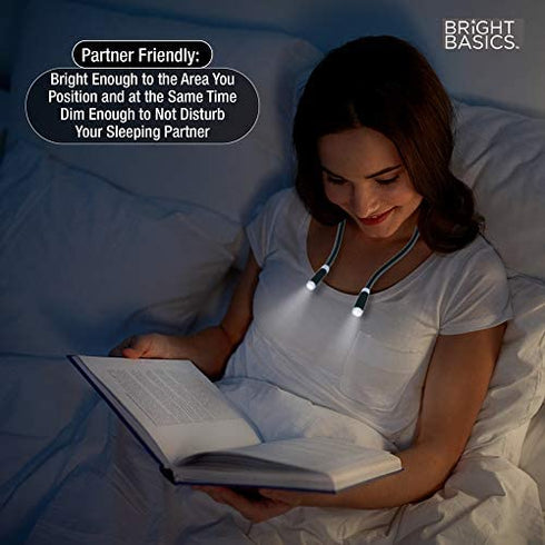 Bright Basics Book Light for Reading in Bed Neck Hug Battery Operated Reading Light with Hands-Free Flexible Silicone Arms Black