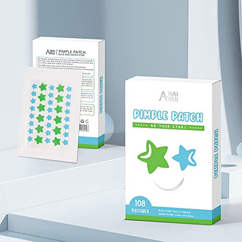 Star-Shaped Pimple Patch Hydrocolloid Acne Stickers with Tea Tree Oil + Salicylic Acid, Cover Dot for Acne Blemish, Pimples, Whiteheads, Zit, Draw out Oil & Impurities, 108 Dots, 12mm & 8mm