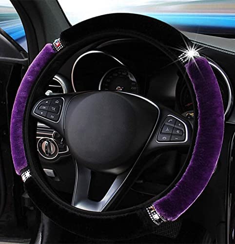 ZHOL Plush Softy Steering Wheel Cover with Bling Bling Crystal Rhinestone, Universal 15 Inch Fluffy Steering Wheel Cover for Women Girls, Anti-Slip, Winter Warm, Black&Purple