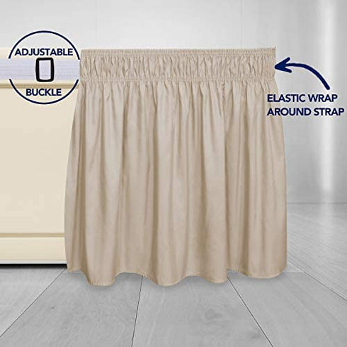 PureFit Wrap Around Ruffled Bed Skirt with Adjustable Elastic Belt - 18 Inch Drop Easy to Put On, Wrinkle Free Bedskirt Dust Ruffles, Bed Frame Cover for Queen, King and C-King Size Beds, Beige