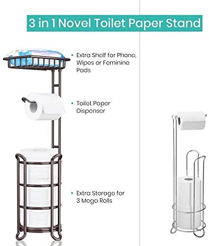 Toilet Paper Holder Stand Tissue Paper Roll Dispenser with Shelf for Bathroom Storage Holds Reserve Mega Rolls-Bronze