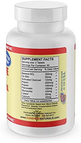 Sunshine Naturals Super Digestive Dietary Supplement. With Ox Bile and Activated Charcoal. Helps the Digestion of Protein and Fat. 100 Tablets