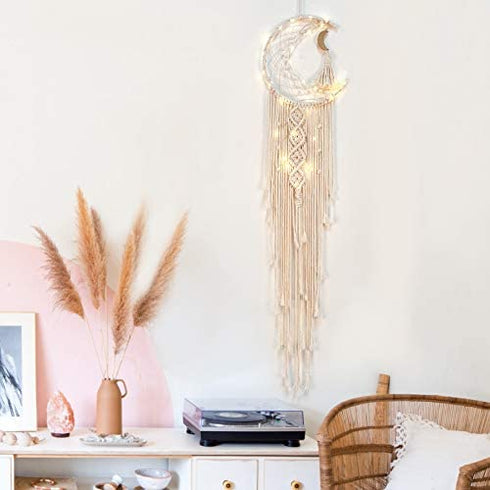 OurWarm Moon Dream Catcher Wall Decor, Macrame Wall Hanging Boho Dream Catcher with LED String Light Craft Gifts for Kids Teenage Girls Bedroom Bohemian Wedding Farmhouse Home Decor, 40 x 10 Inches