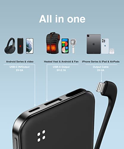 4500mAh Built in Cable Cell Phone External Battery Pack, Portable Phone Charger Power Bank 5V 2.1A Charging Mobile Phone Charger USB-C In/Out Compatible with iPhone 6/7/8/X/XS/XR/11/12/13, Heated Vest