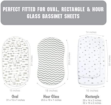 Baby Bassinet Sheet Set for Boy and Girl, 3 Pack, Universal Fitted for Oval, Hourglass & Rectangle Bassinet Mattress, Fitted Sheets Size 32 x 16 x 4 Inches, Grey-White