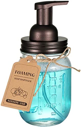 SheeChung Mason Jar Foaming Soap Dispenser-Rustproof Stainless Steel Lid & Foaming Soap Pump,Best Hand Foam Soap Dispenser Glass for Bathroom Vanities or Kitchen Sink,Countertops-Bronze (1 pk)