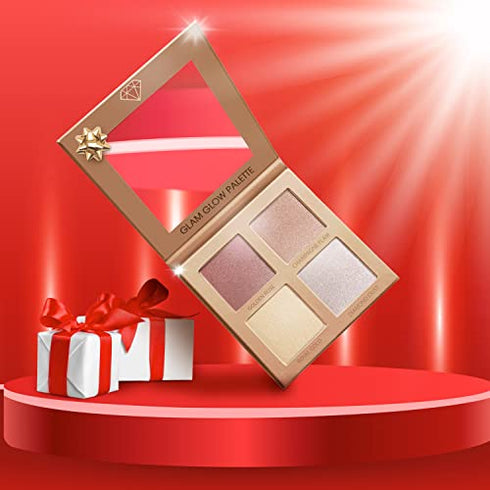 Highlighter Palette Highlighter Makeup Iluminador - Glow Bronzer Powder Makeup Highlighter Kit With Mirror - 4 Highly Pigmented Face Highlighter Shimmer Colors - Vegan, Cruelty Free & Hypoallergenic