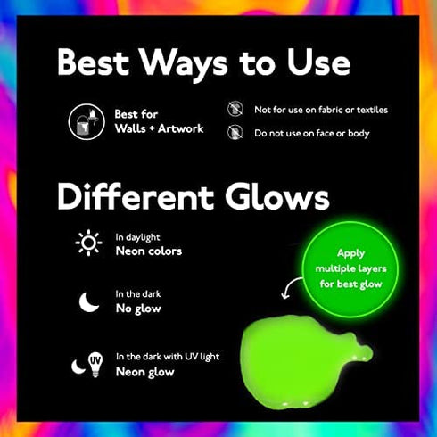 Individuall Glow in the Dark Paint - Set of 8, 20 mL Reflective Acrylic Paints for Outdoor and Indoor Use on Canvas, Walls and Ornament Painting - Blacklight Activated