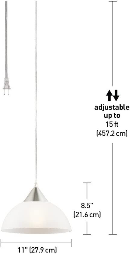 Globe Electric 64413 Amaris 1-Light Plug-In Pendant, Brushed Steel, Frosted White Shade, 15ft Clear Cord, In-Line On/Off Switch