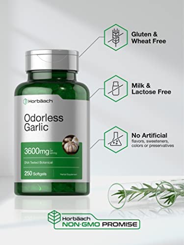 Odorless Garlic Softgels | 250 Count | Ultra Potent Garlic Extract | Non-GMO & Gluten Free Pills | by Horbaach