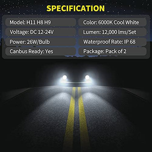 AUXLIGHT H11 H8 H9 LED Headlight Bulbs, 12000 Lumens Plug-N-Play Conversion Kit Replacement, Compatible with 2016 2017 2018 2019 2020 2021 Toyota Tacoma as High/Low Beam, 6000K Cool White (Pack of 2)