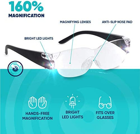 Zoom Vision Hands Free Magnifying Glasses with Light, 160% Magnification and dual LED lights, Includes Non Lighted Magnifying Glasses for Reading, Close Work and Crafts