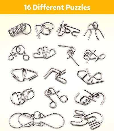 Coogam Metal Wire Puzzle Set of 16 with Pouch,Brain Teaser IQ Test Disentanglemen Iron Link Unlock Interlock Game Chinese Ring Magic Trick Toy for Party Favor Kids Adults Challenge