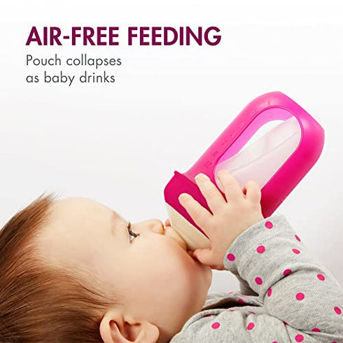 Boon NURSH Reusable Silicone Baby Bottles with Collapsible Silicone Pouch Design — Everyday Baby Essentials — 3 Count — Stage 1 Slow Flow — 4 Oz — Pink