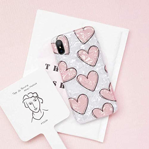 J.west iPhone XR Case 6.1-inch Luxury Cute Pink Heart Design Sparkle Translucent Pearly-Lustre Love Pattern Print Flexible Slim Soft Silicone Rubber Protective Phone Case Cover for Girls Women
