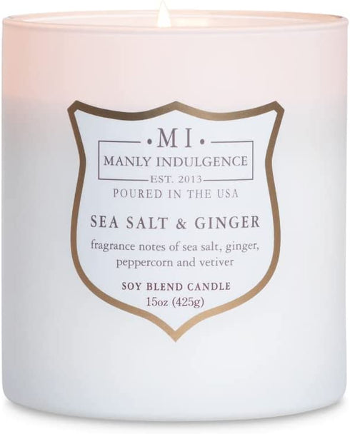 Manly Indulgence Sea Salt & Ginger Scented Jar Candle, Signature Collection, Soy Wax Blend, Wooden Wick, 15oz, White