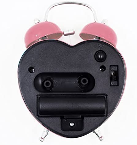 Monique Students Seniors 3in Twin Bell Loud Alarm ,Silent Analog Quartz Nightlight Clock Battery Operated for Heavy Sleepers Heart Shape Pink