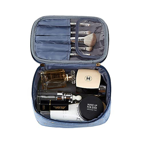 HOYOFO Velvet Makeup Bag with Handle Cosmetic Bags with Makeup Brush Holder Travel Make up Bag for Women, A Pink