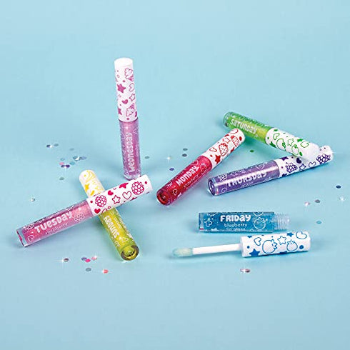 Three Cheers for Girls by Make It Real - 7 Days Glitter Lip Gloss - Flavored Lip Gloss Set for Girls - Strawberry, Raspberry, Vanilla and More! - 7 Piece Lip Gloss Kit
