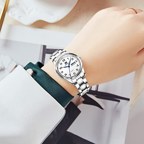 OLEVS Women Watches Gold Silver Stainless Steel Waterproof Analog Large Easy Reader Day Date Watches