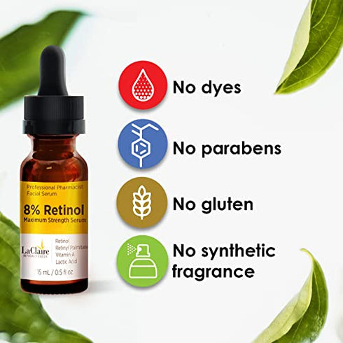 8% Retinol Complex Face Serum – Anti-Aging, Brightening Neck & Facial Serum Helps Firm, Smooth, & Nourish Skin with Lactic Acid, Vitamin A, & Retinyl Palmitate – Anti Wrinkle Serums by LaClaire, 15 ml