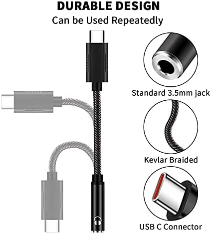 USB C to 3.5mm Headphone Adapter, ACAGET USB Type C Dongle Audio Jack Converter DAC Chip Braided Cable Aux Earbuds Adapter for Samsung S21+ Ultra S22 S20 FE Galaxy A53 OnePlus 9 10 Pro Pixel 6 7 Black