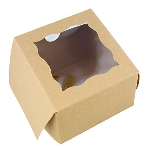 Spec101 Brown Bakery Boxes with Window, 25pk - 4in x 4in Cake Boxes, Party Favor Boxes, Candy Boxes, Dessert Boxes